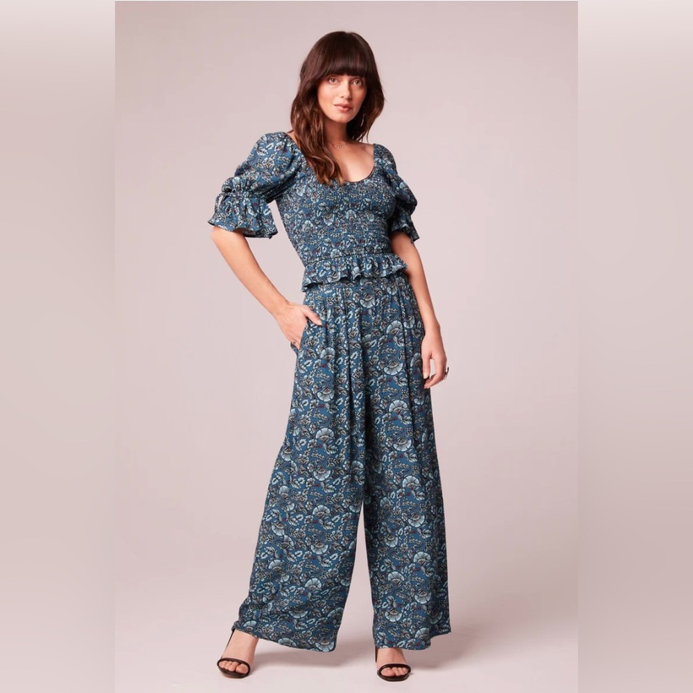 NWT Band Of The Free ELISE TEAL FLORAL WIDE LEG PANTS Bohemian style palazzo
